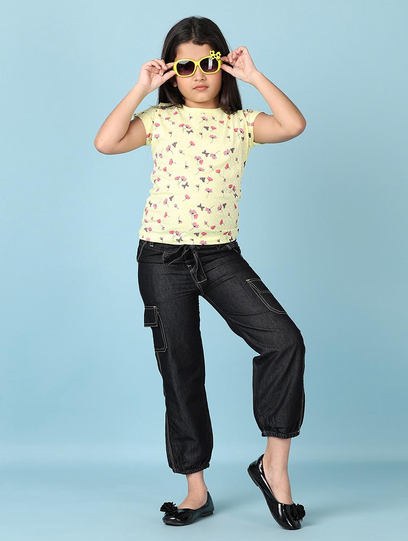 girls yellow foral printed round neck tee - 21607046 - Standard Image - 4