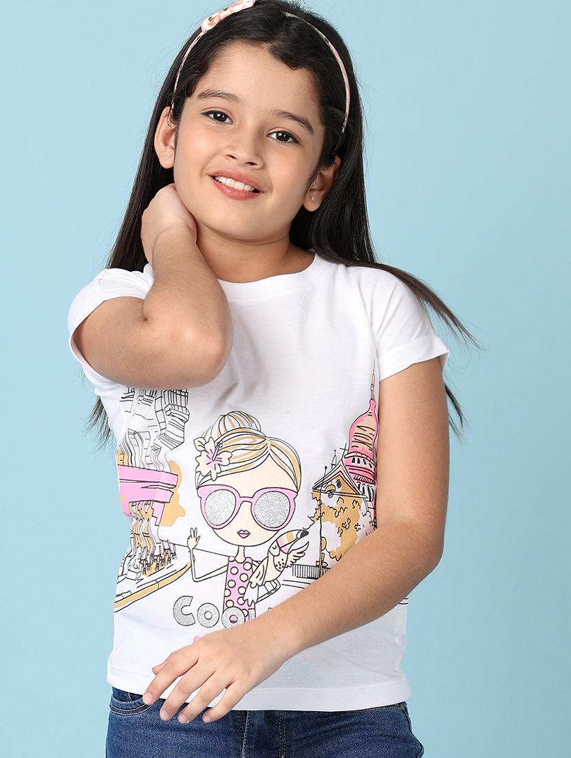 girls printed round neck cotton tee - 21607930 - Standard Image - 1