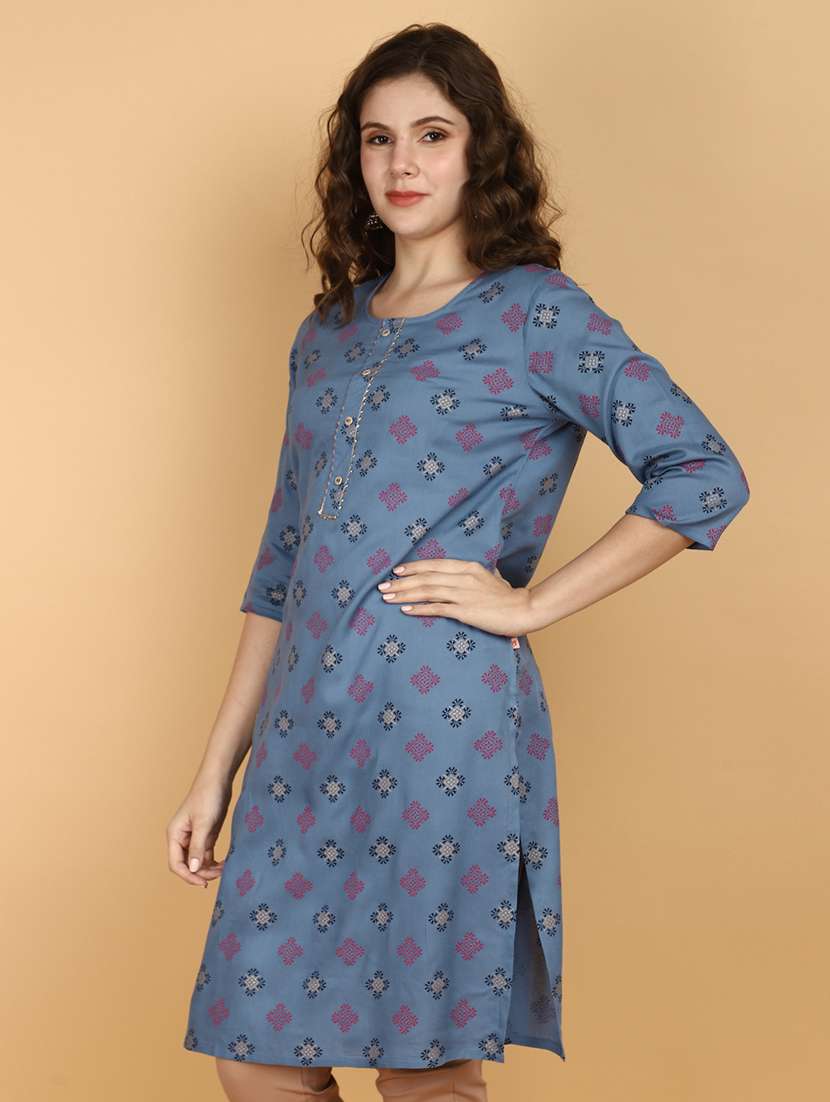 women foil printed three quarter sleeve straight kurta - 21608077 -  Standard Image - 1