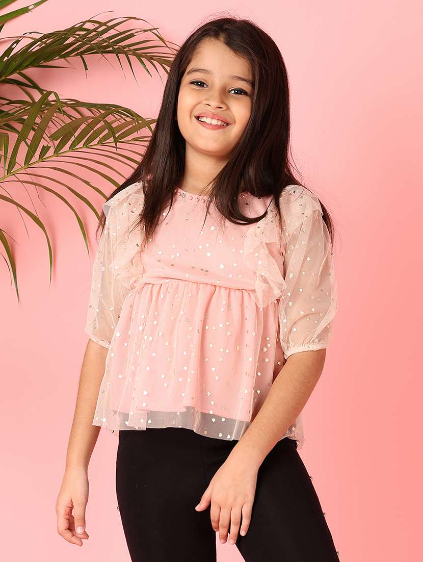 girls peach round neck top