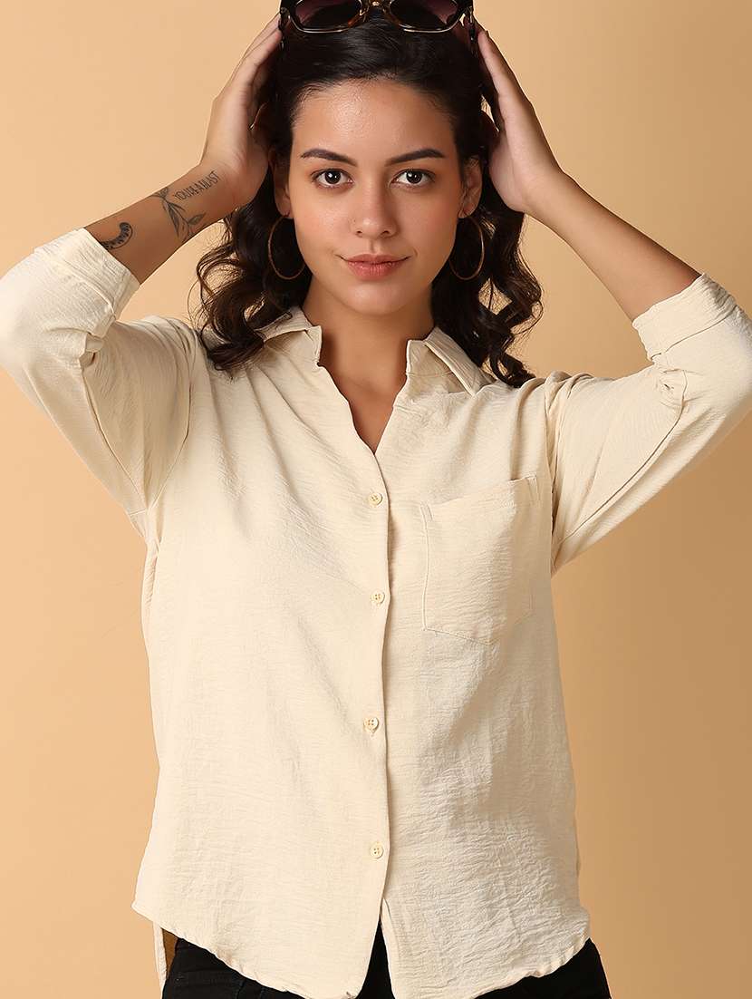 women solid collared high low shirt - 21608102 -  Standard Image - 1