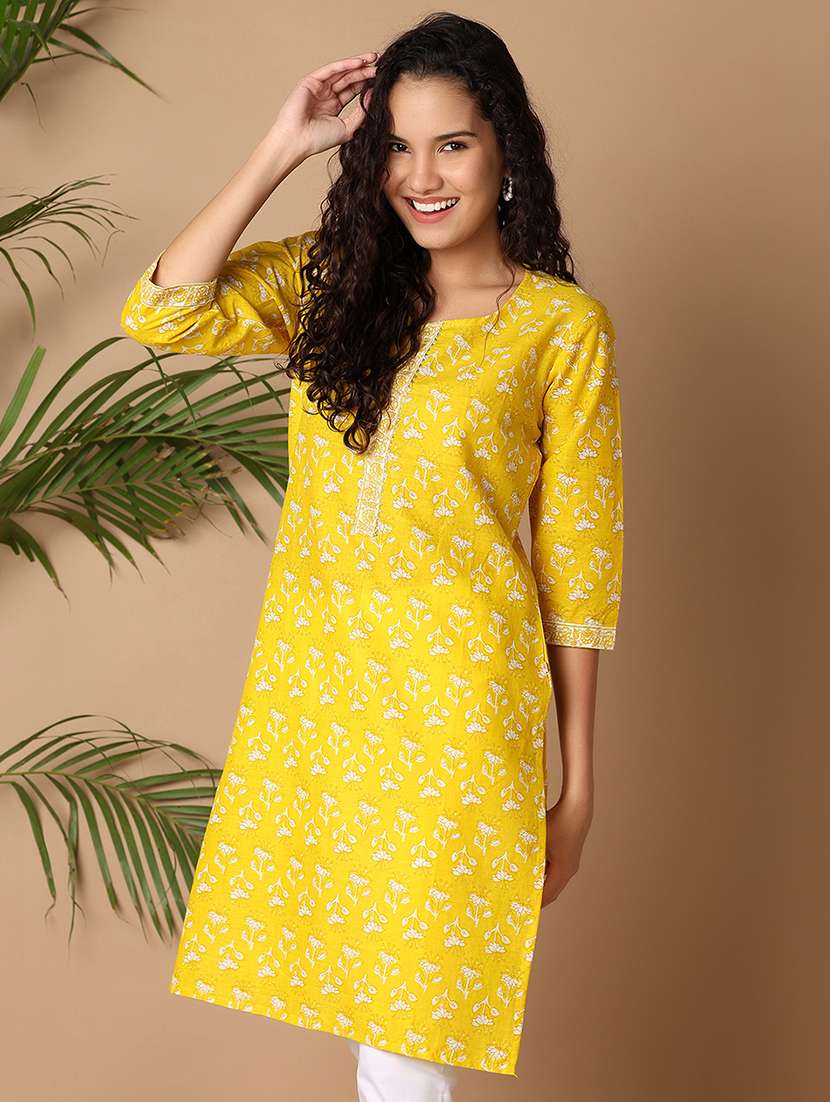 women floral three quarter sleeves straight kurta - 21608237 -  Standard Image - 1