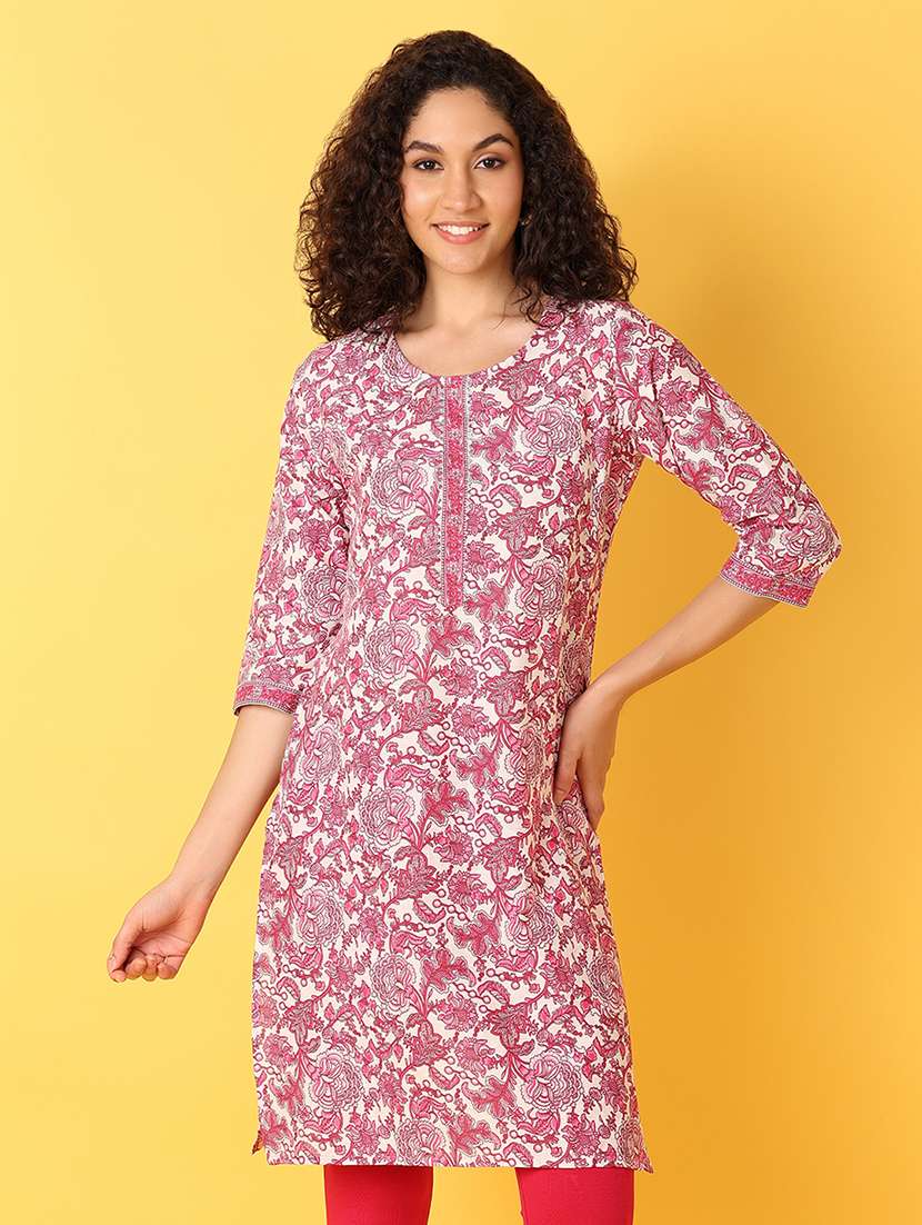 women floral printed three quarter sleeve straight kurta - 21608238 -  Zoom Image - 0
