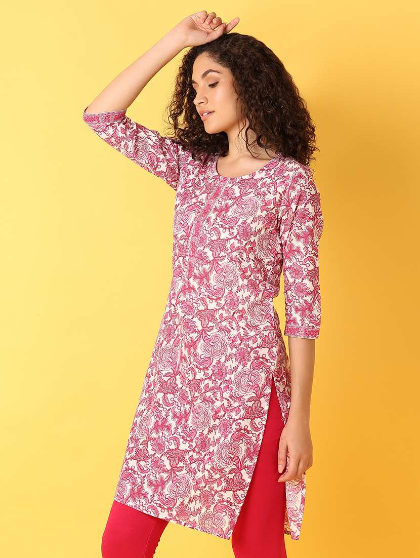 women floral printed three quarter sleeve straight kurta - 21608238 -  Standard Image - 1