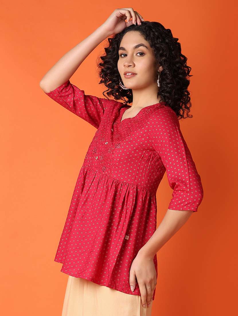 women magenta floral v neck flared kurti - 21608282 -  Standard Image - 1