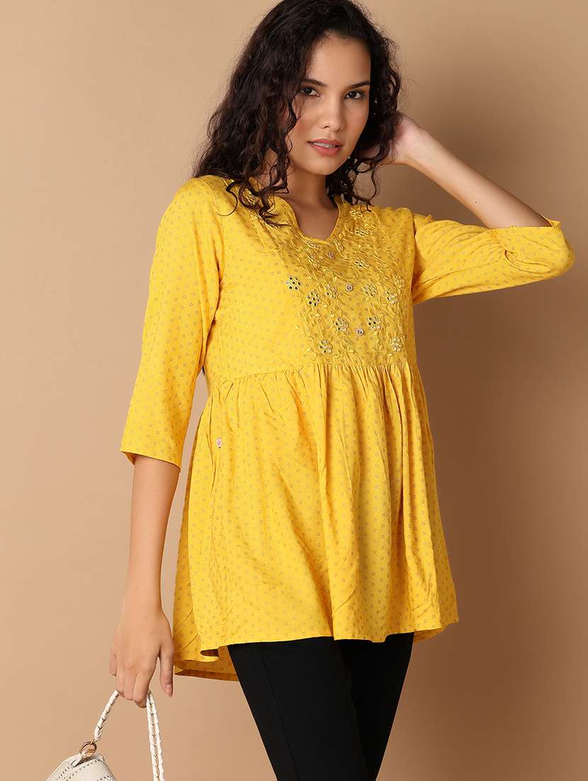 women yellow floral v neck flared kurti - 21608284 -  Standard Image - 1