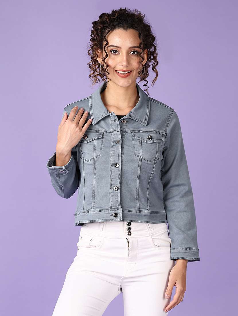 women solid long sleeve denim jacket