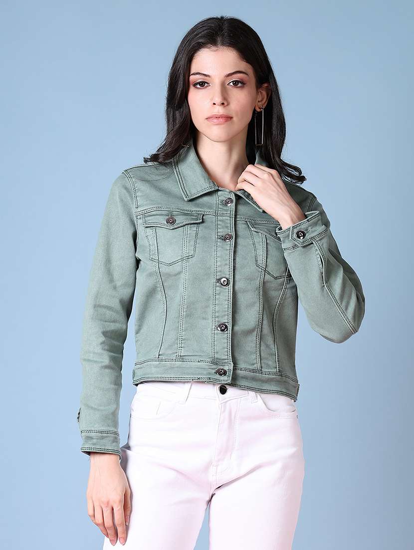 women solid long sleeves denim jacket
