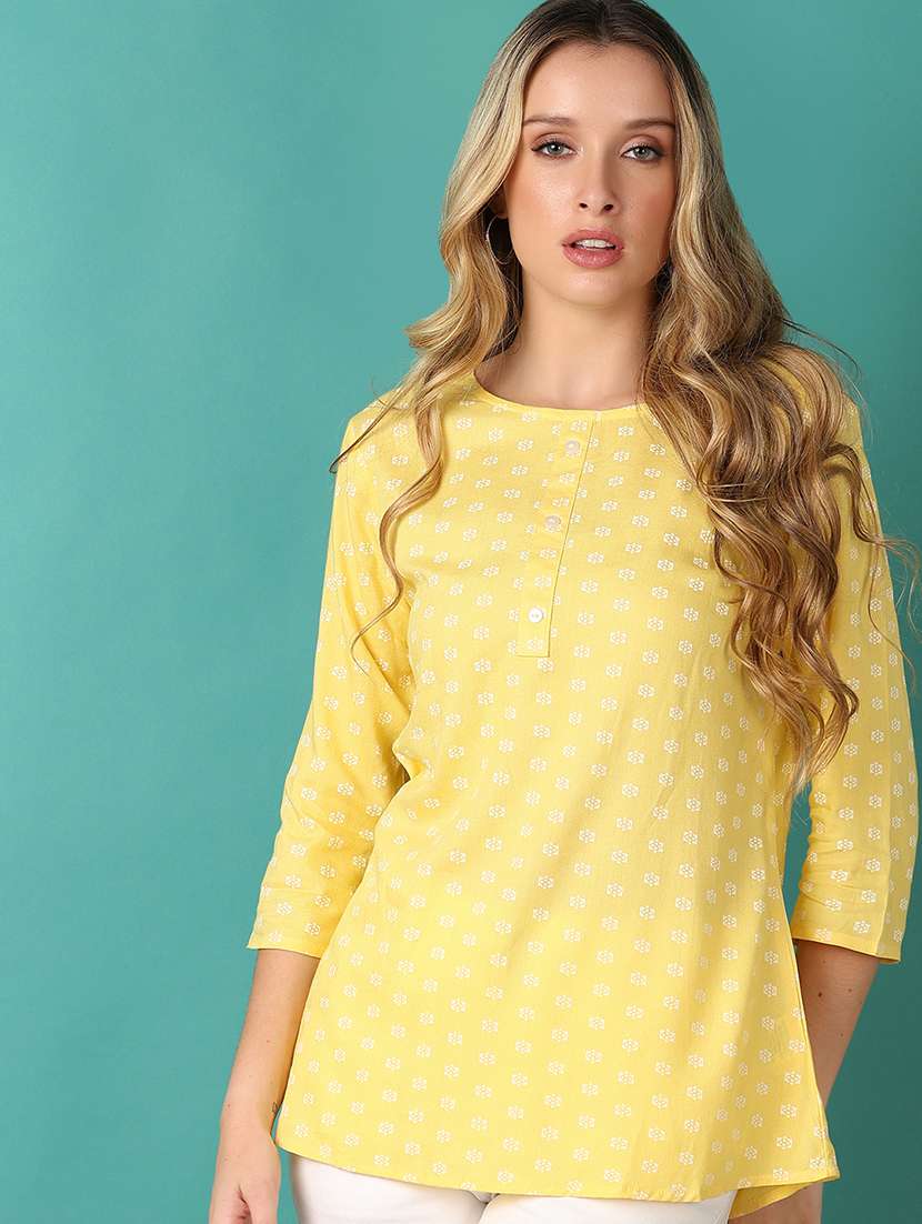 women yellow printed round neck straight kurti - 21608375 -  Standard Image - 1
