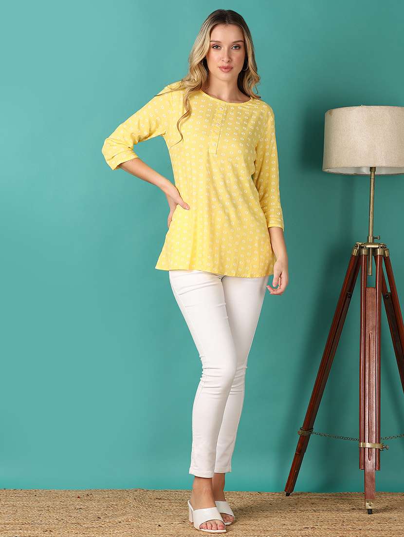 women yellow printed round neck straight kurti - 21608375 -  Standard Image - 4