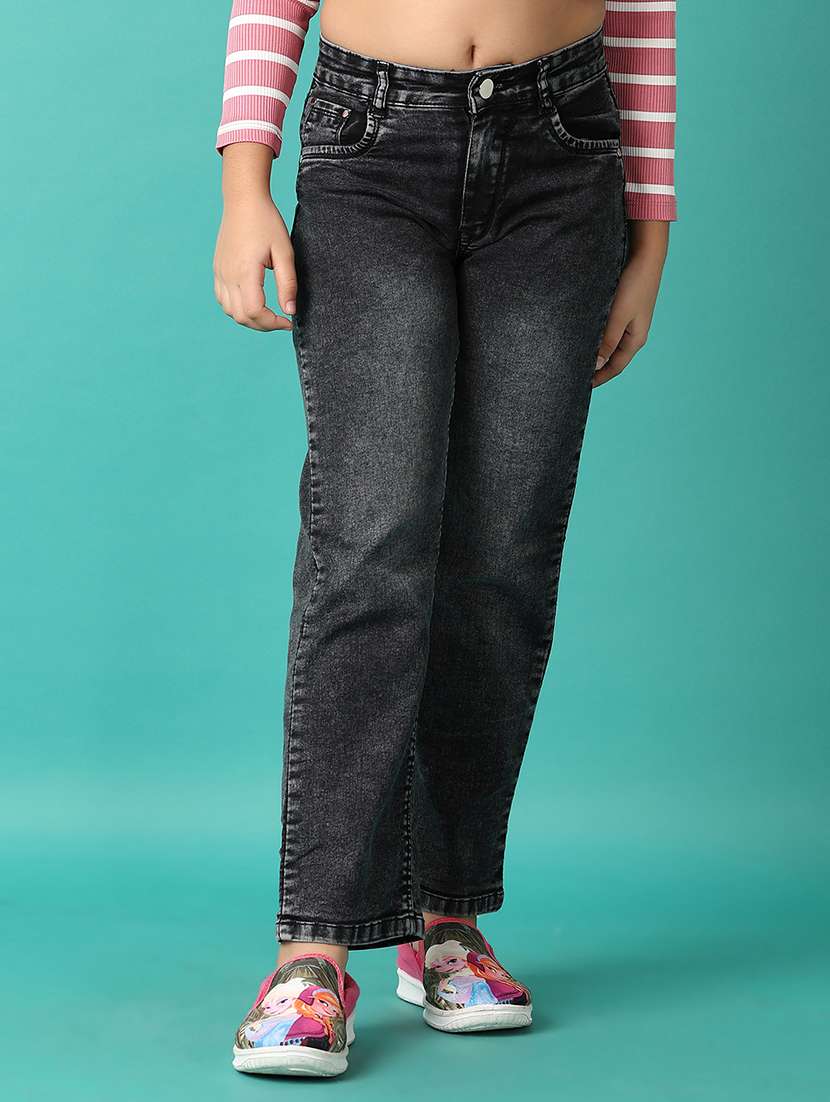 girls black straight fit washed jeans