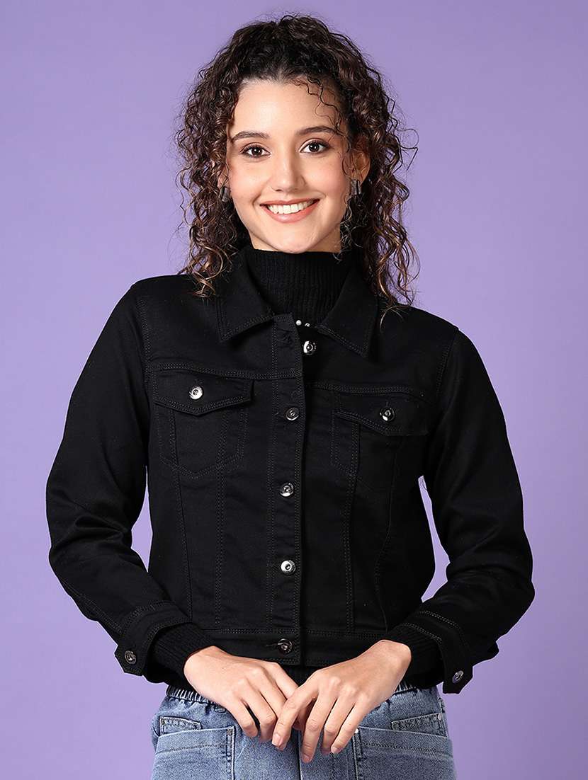 women solid long sleeves denim jacket