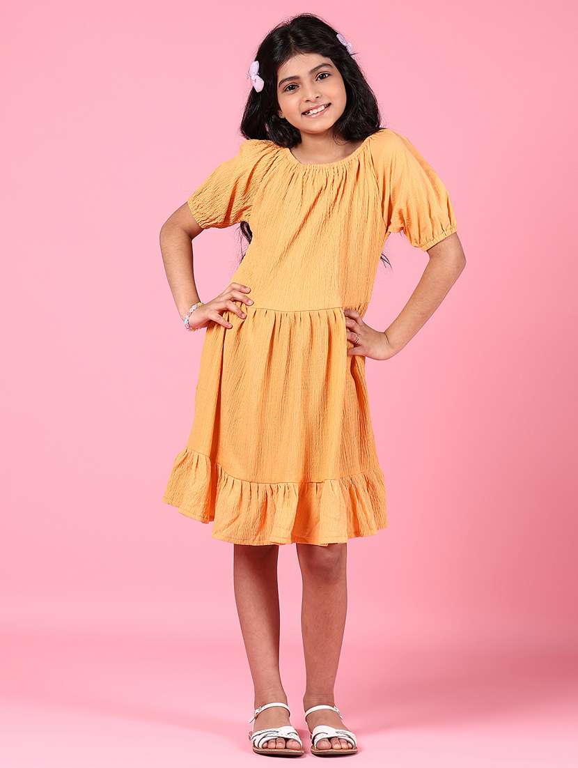 women solid puff sleeves tiered dress - 21608622 -  Standard Image - 1