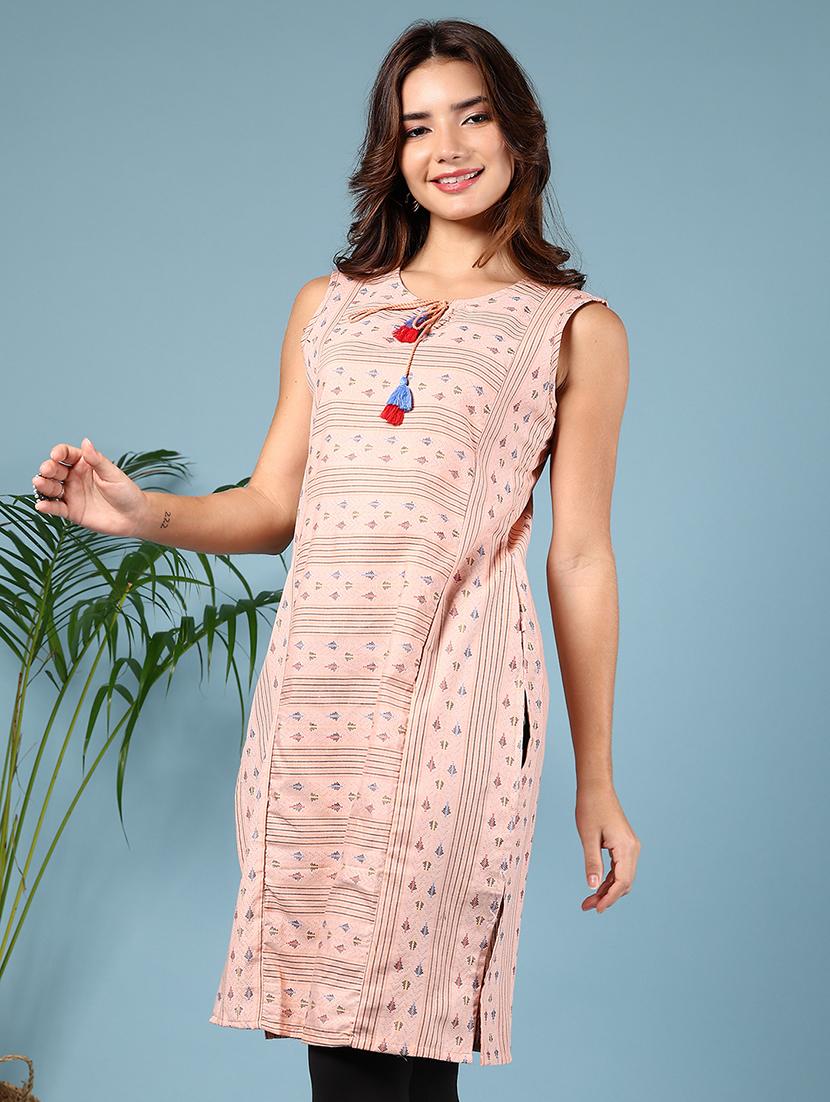 women printed tie-up neck straight kurta - 21608755 - Standard Image - 1