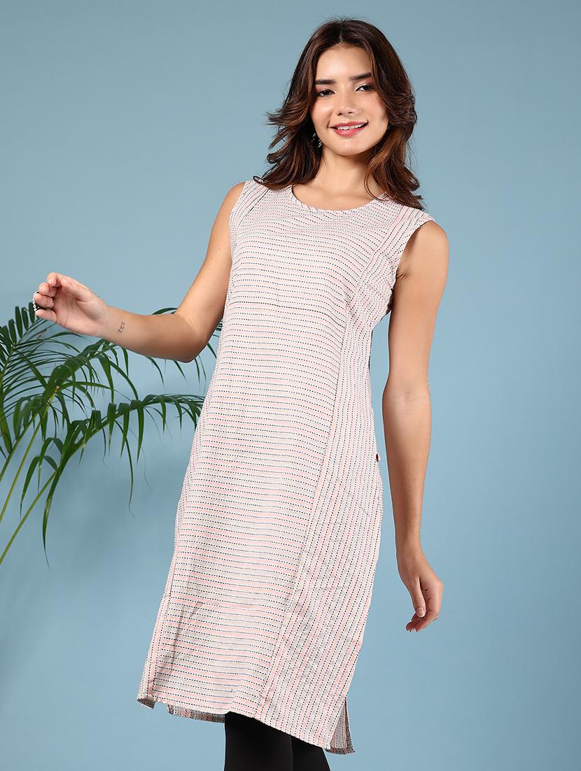 women striped round neck sleeveless straight kurta - 21608757 - Standard Image - 1