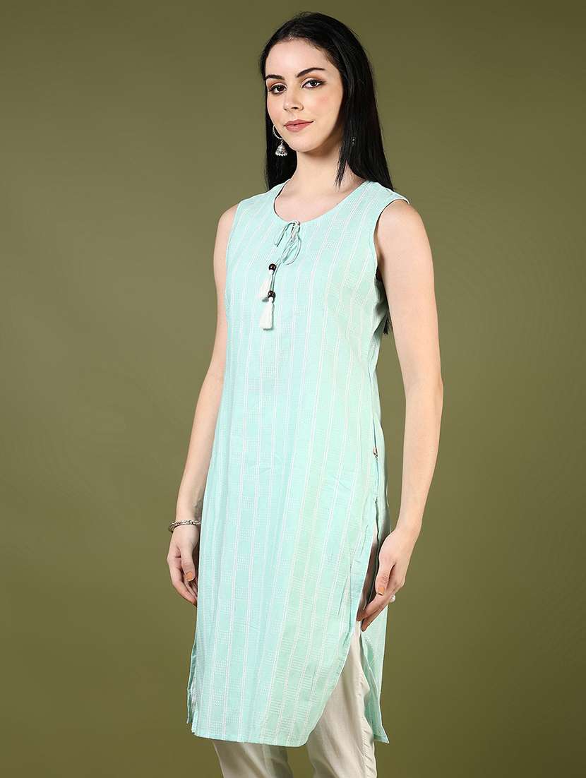women striped tie-up neck sleeveless straight kurta - 21608790 - Standard Image - 1