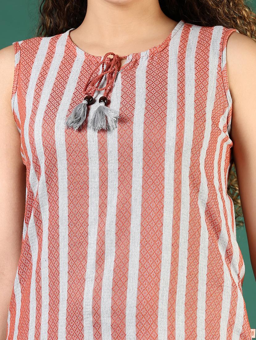 women striped tie-up neck sleeveless straight kurta - 21608792 - Standard Image - 4