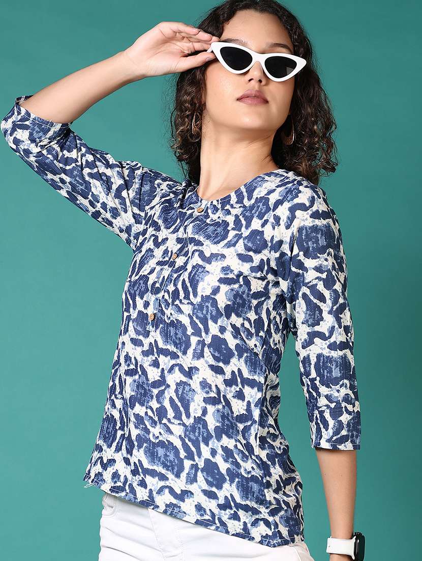 women blue printed round neck straight top - 21609254 -  Standard Image - 1