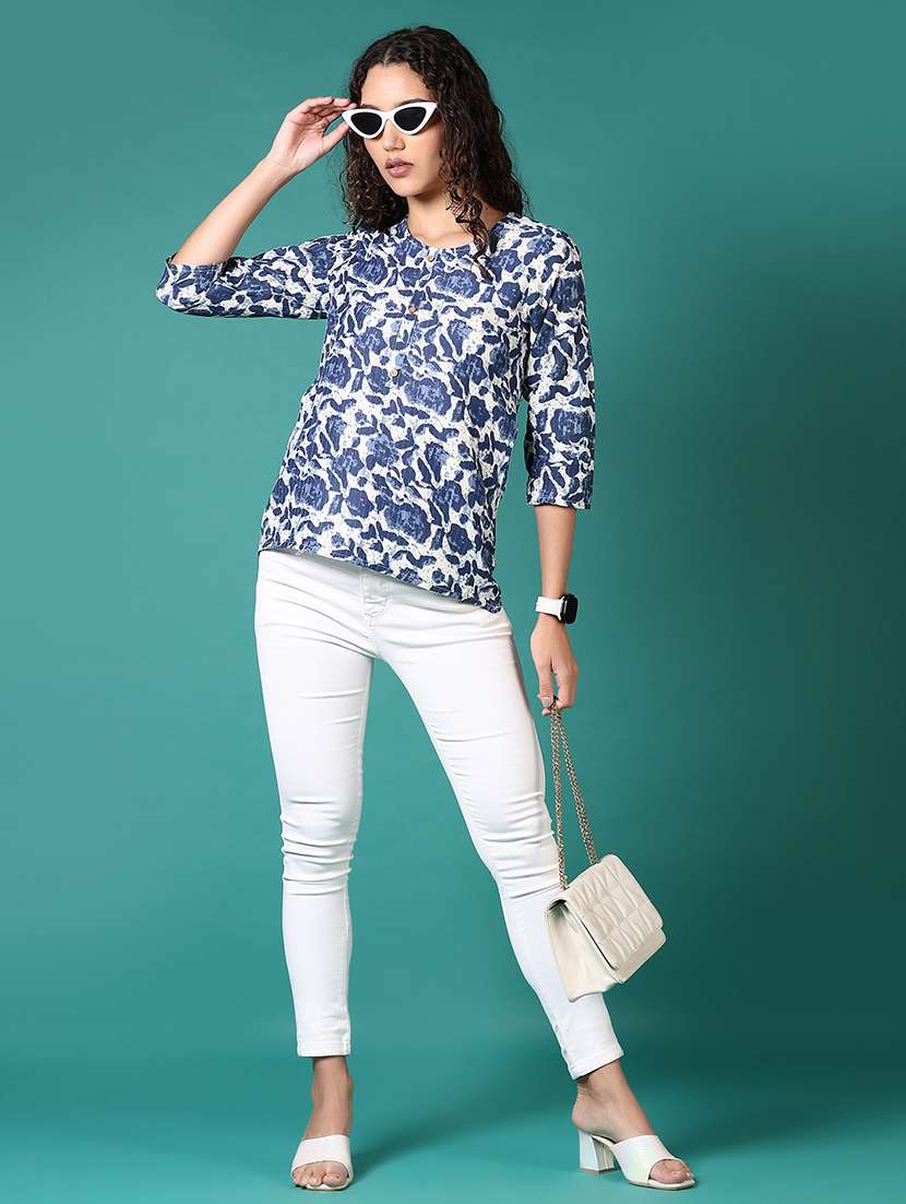 women blue printed round neck straight top - 21609254 -  Standard Image - 4