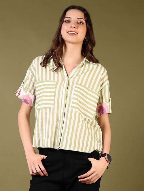 women short sleeves striped crop shirt