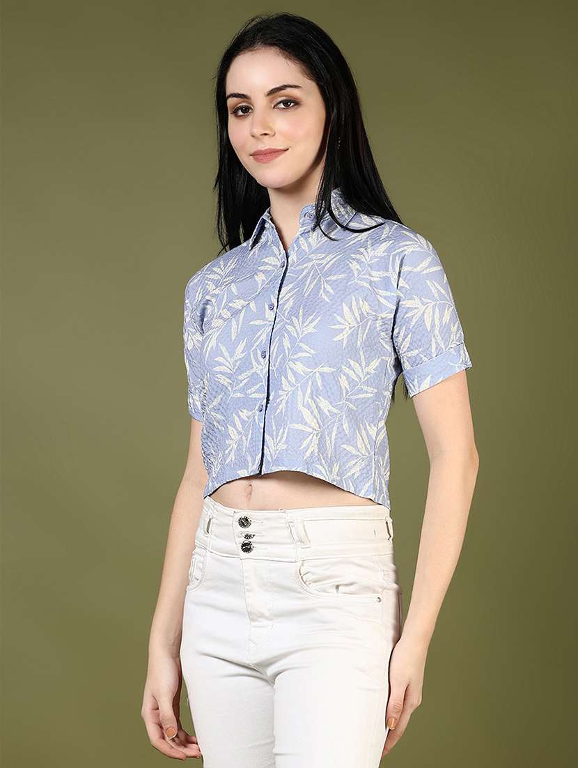 women printed collared short sleeve crop shirt - 21609859 -  Standard Image - 1