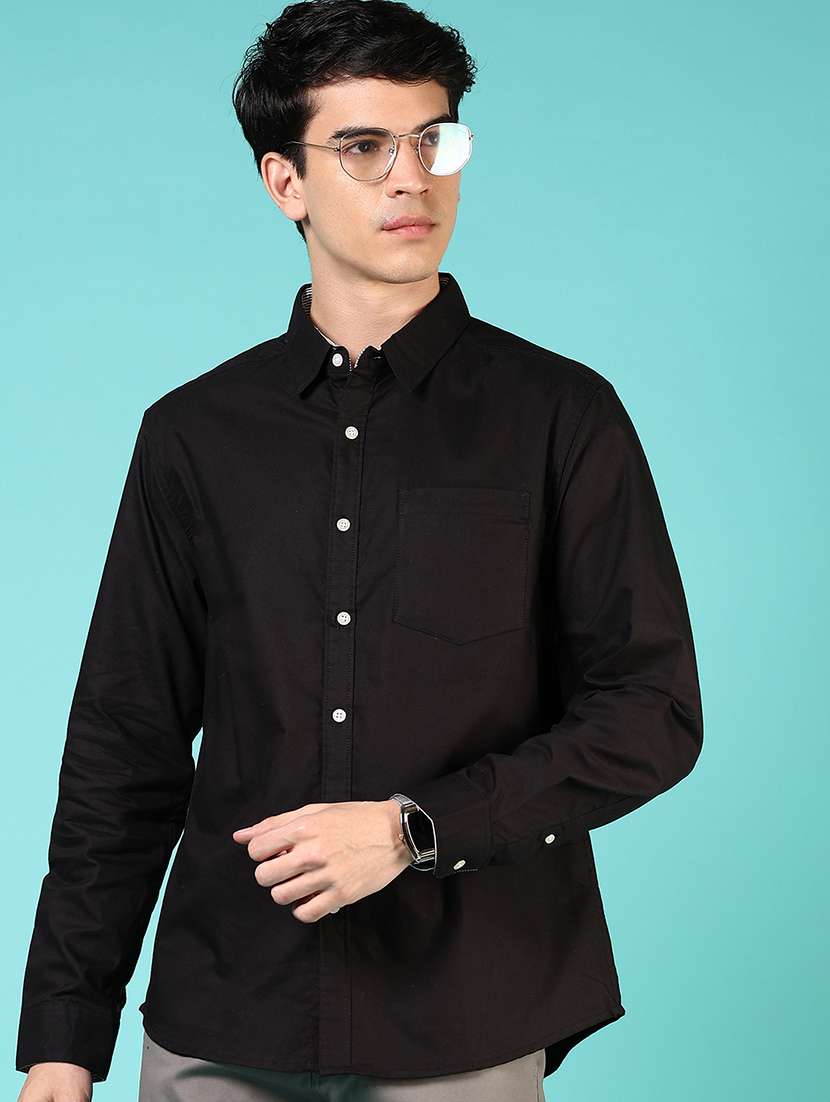 men solid collared long sleeve casual shirt