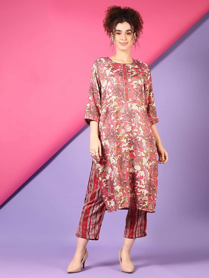 women pink floral printed three quarter sleeve kurta pant set