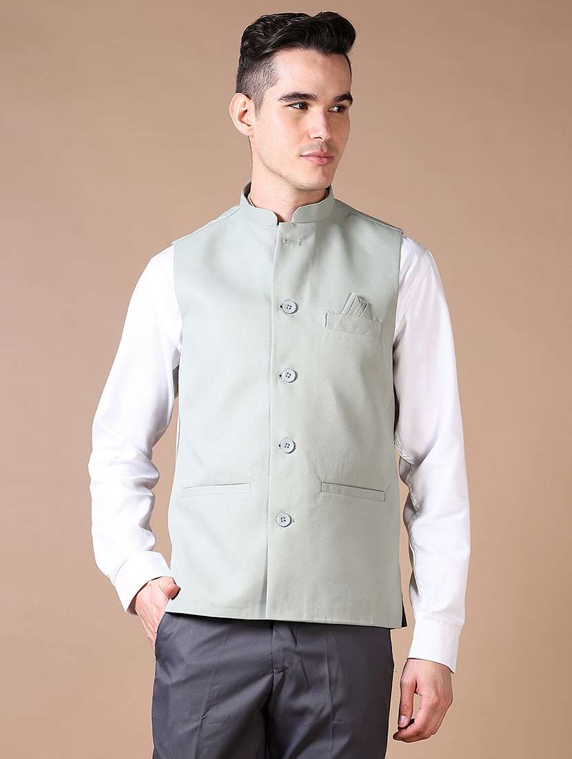 men solid mandarin collar sleeveless nehru jacket - 21610483 -  Standard Image - 1