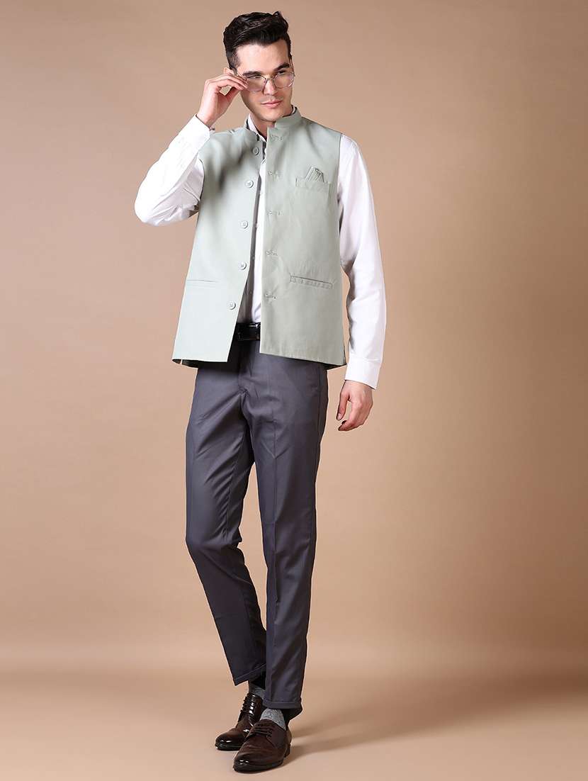 men solid mandarin collar sleeveless nehru jacket - 21610483 -  Standard Image - 4