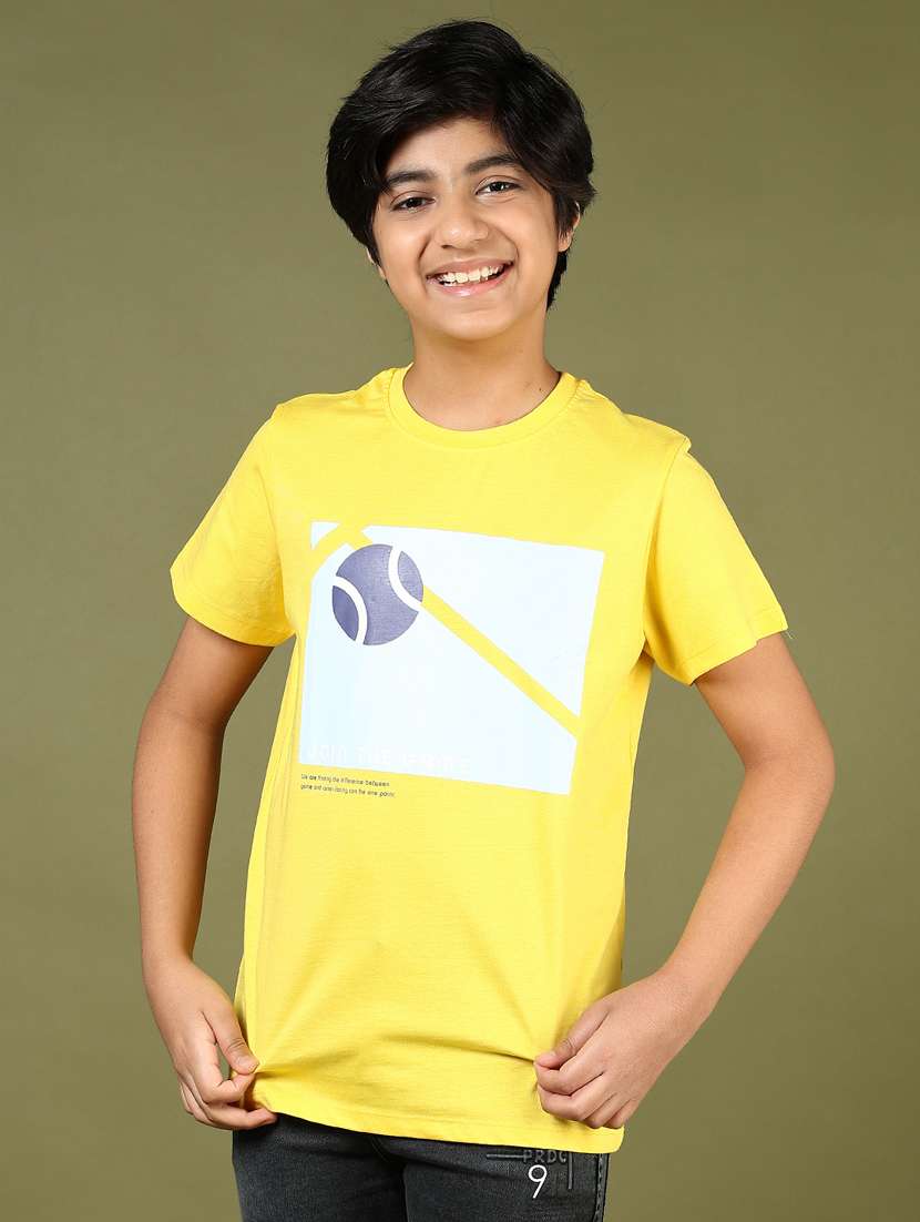 boys yellow chest print round neck t-shirt - 21611016 -  Standard Image - 1