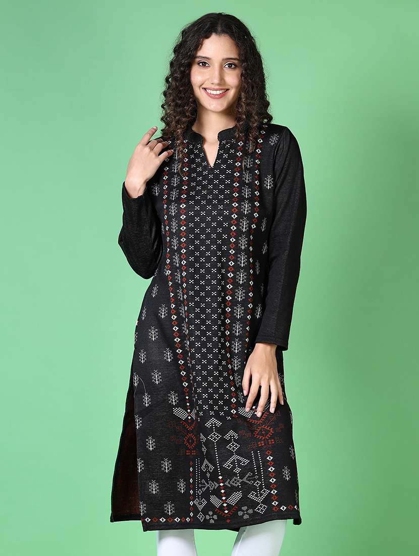women self design long sleeve kurta