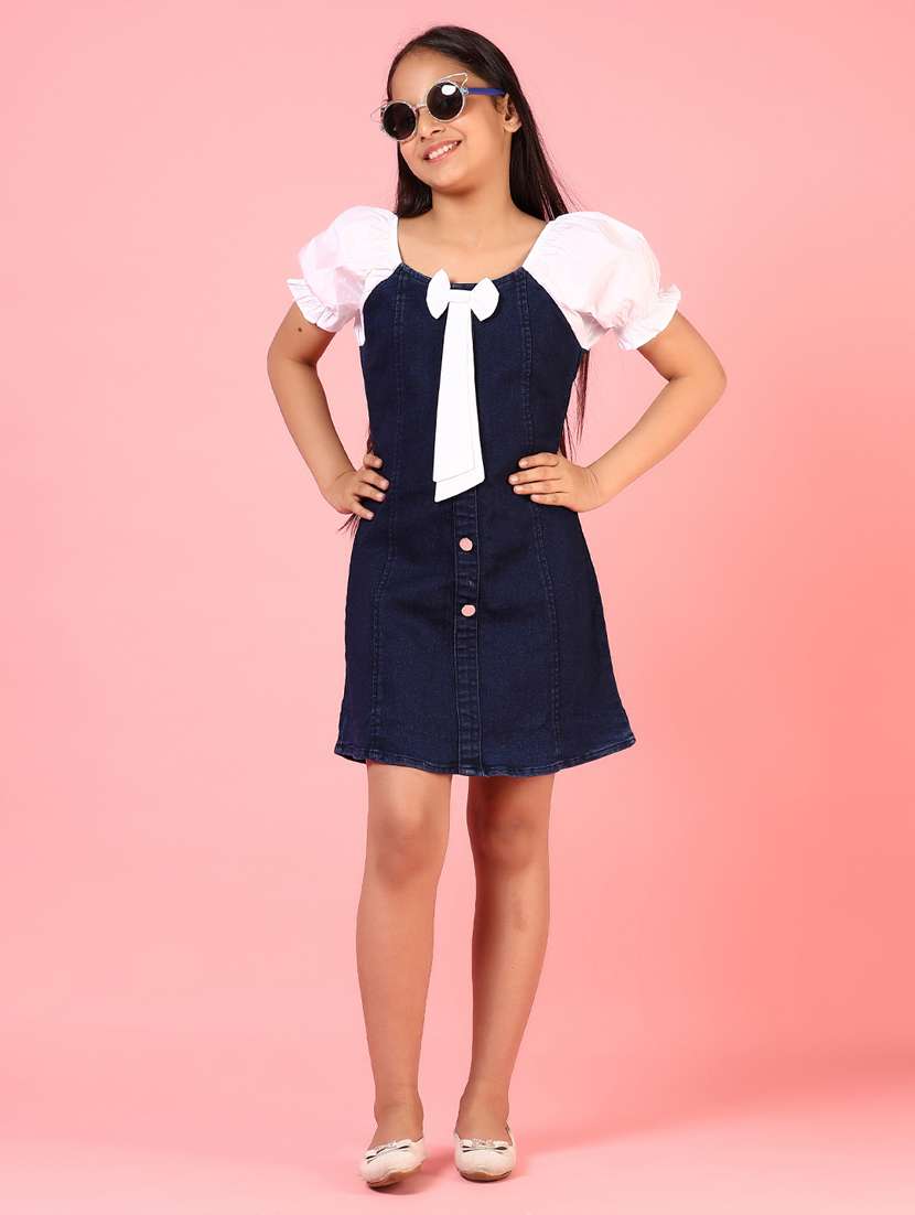 girls solid puff sleeeves denim a-line dress - 21611250 - Standard Image - 4