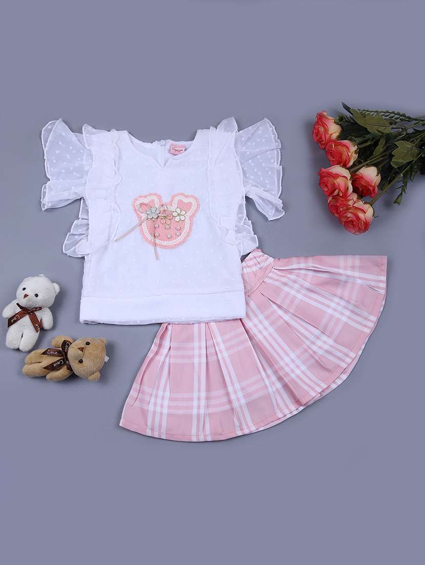 girls white self design skirt top set