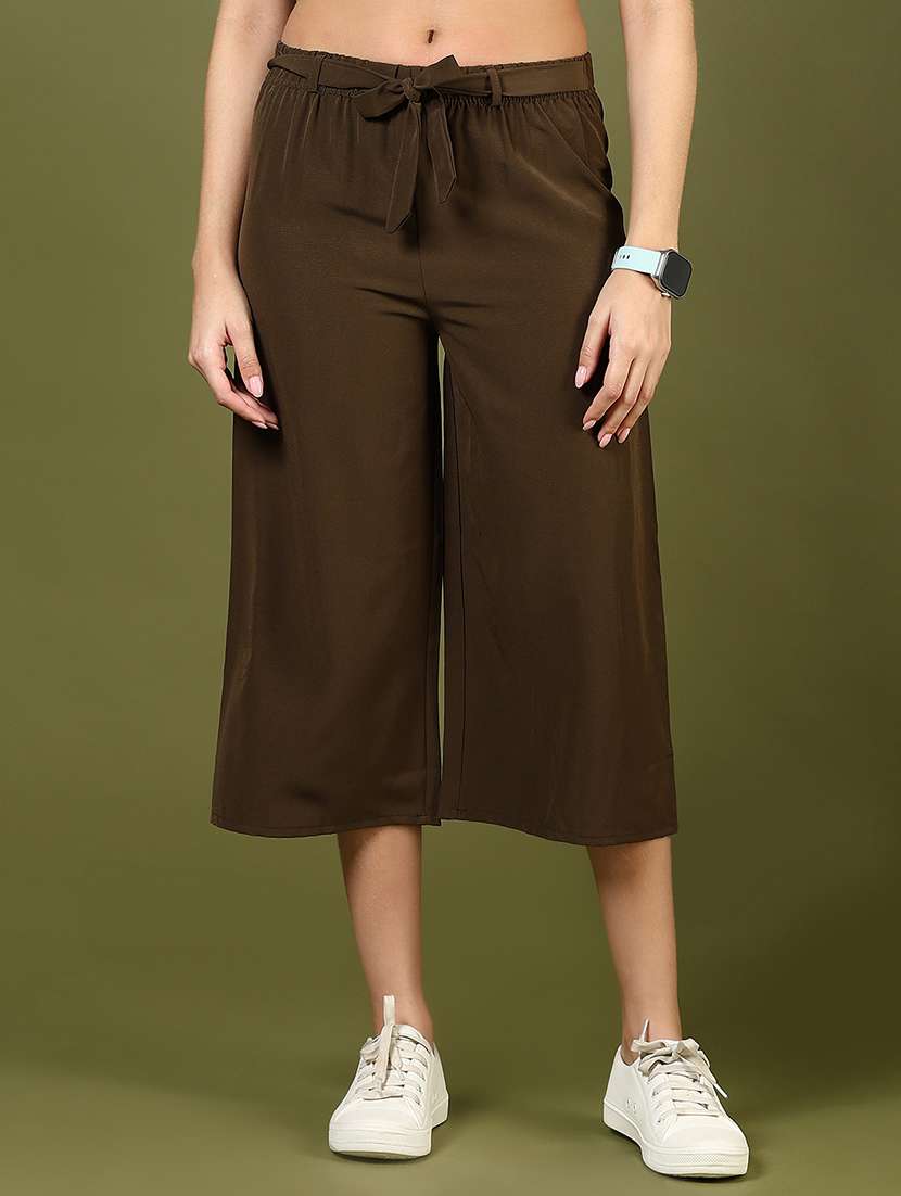 women brown solid mid rise culottes