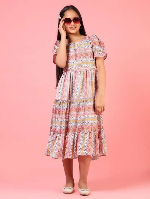 girls printed puff sleeves tiered dress - 21612200 -  Standard Image - 0