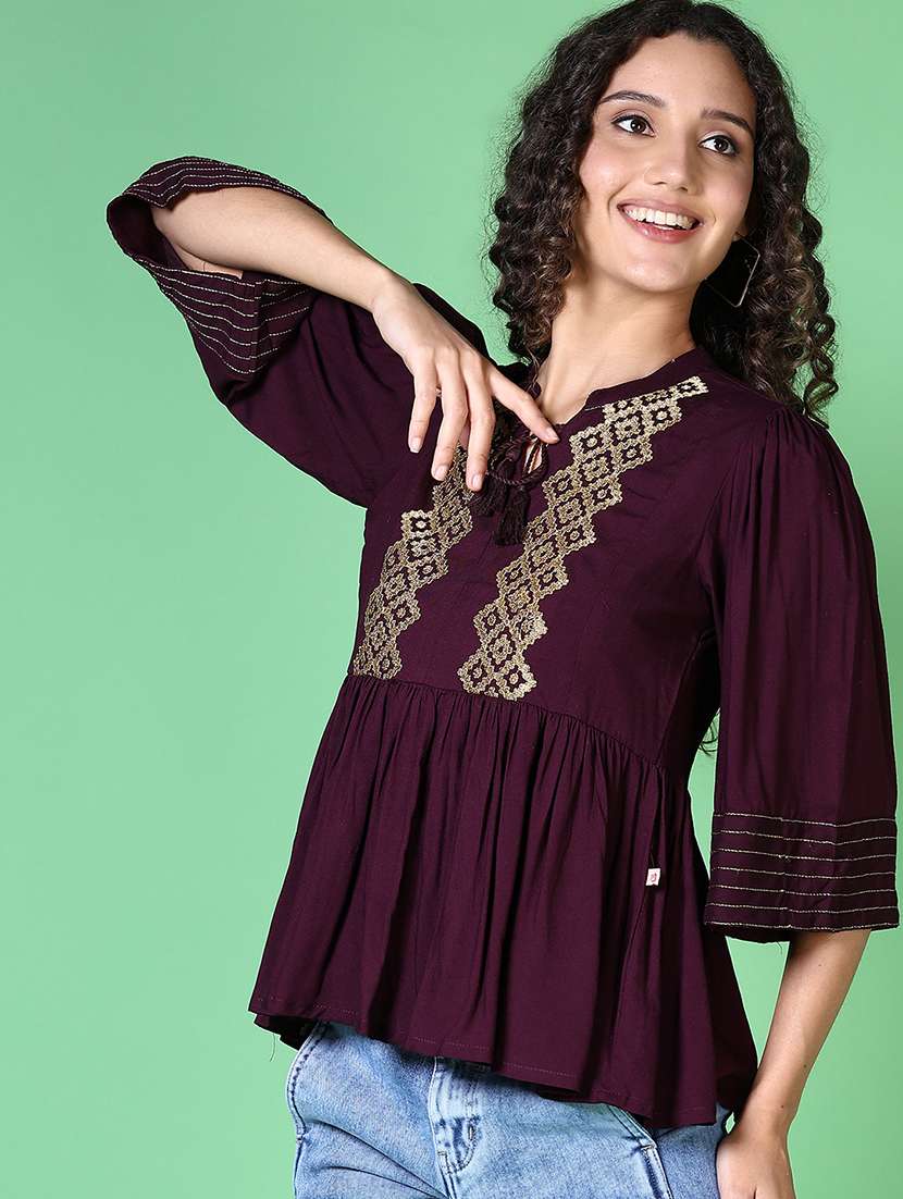 women purple tie-up neck peplum top - 21612911 -  Standard Image - 1