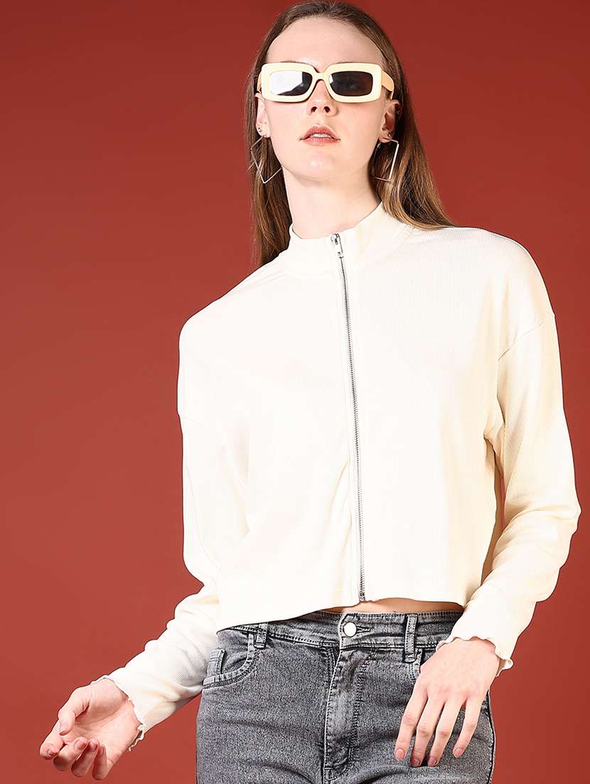 women solid stand collar long sleeves jacket