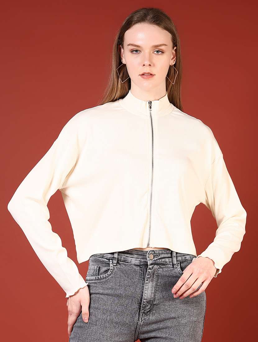 women solid stand collar long sleeves jacket - 21612913 -  Standard Image - 1