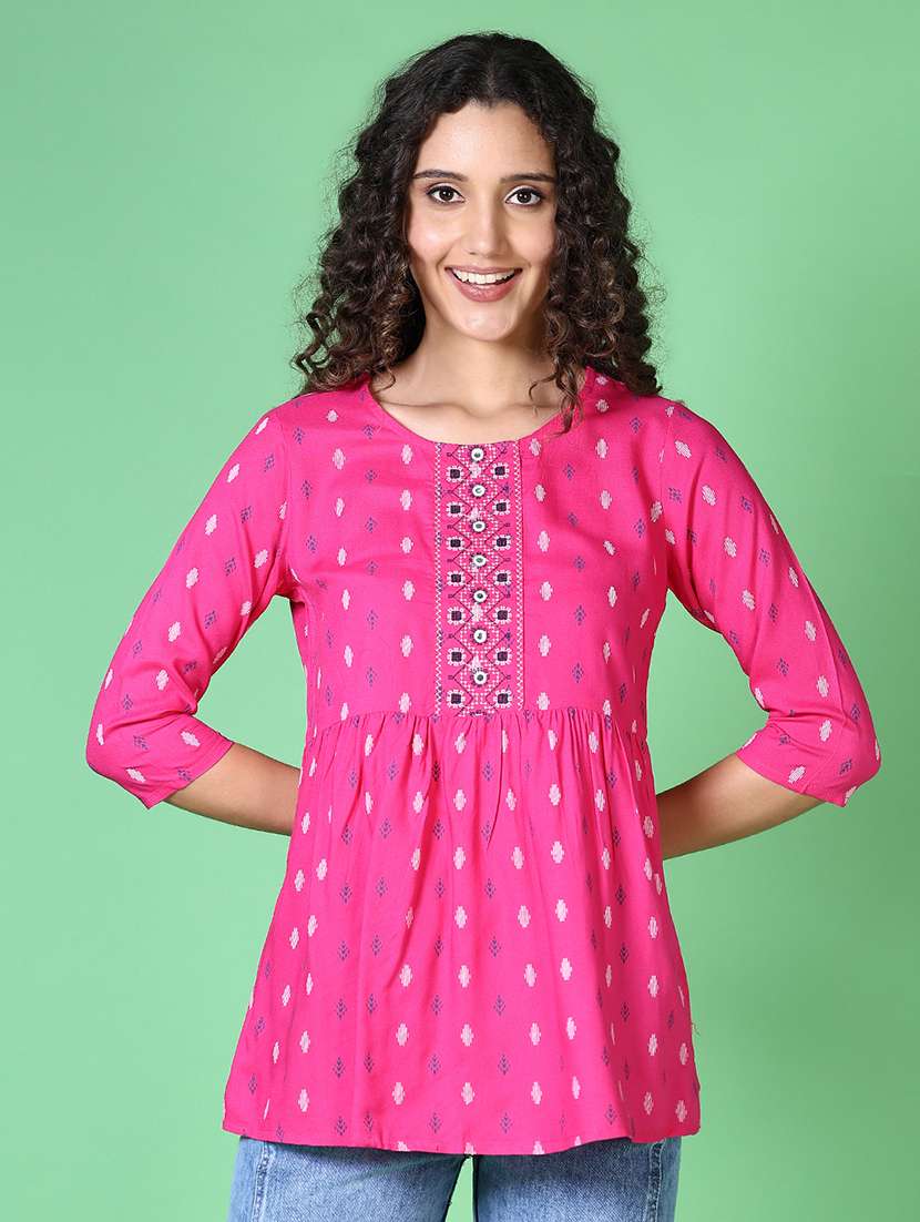 women printed round neck a-line kurti