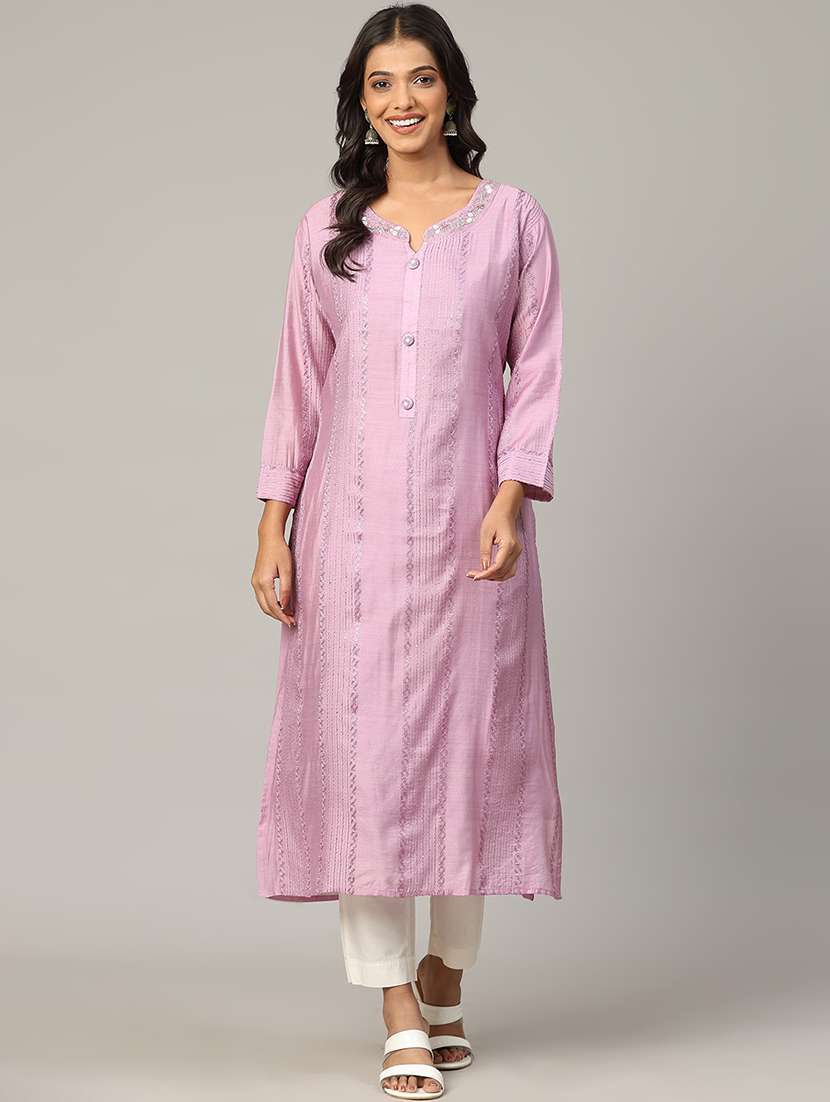 women lavender long sleeve straight kurta