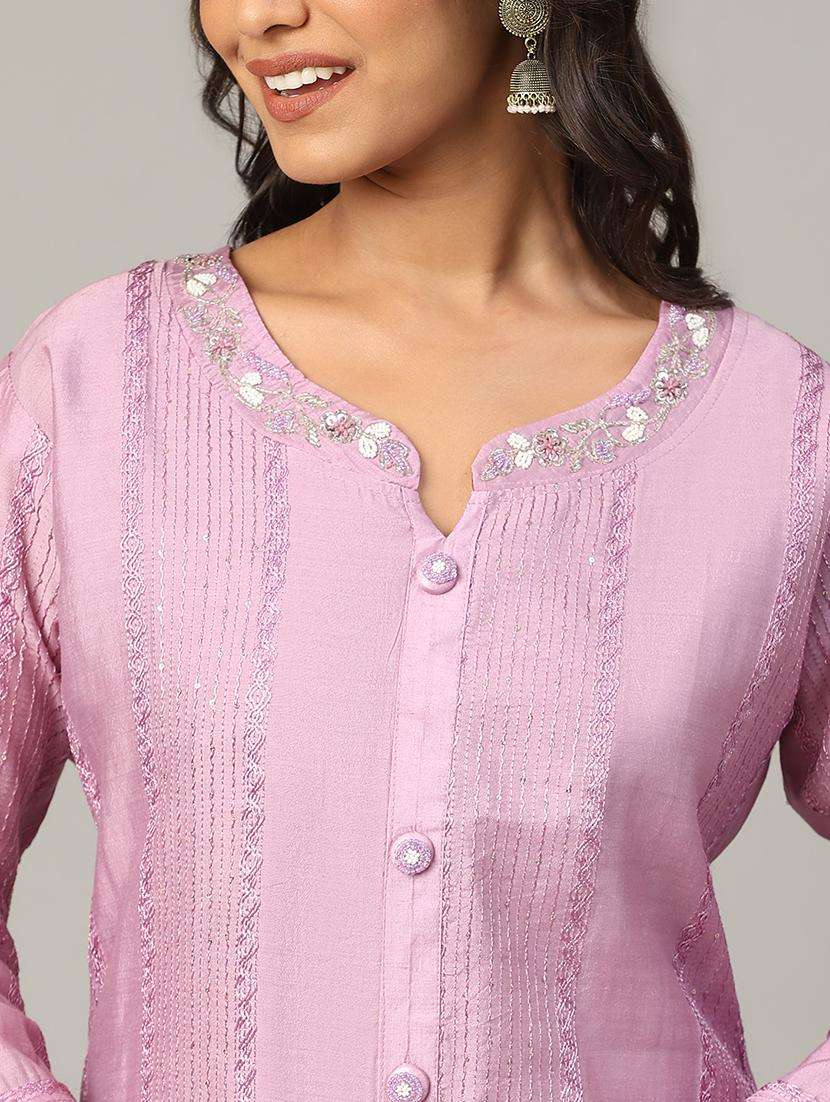 women lavender long sleeve straight kurta - 21613338 -  Standard Image - 1