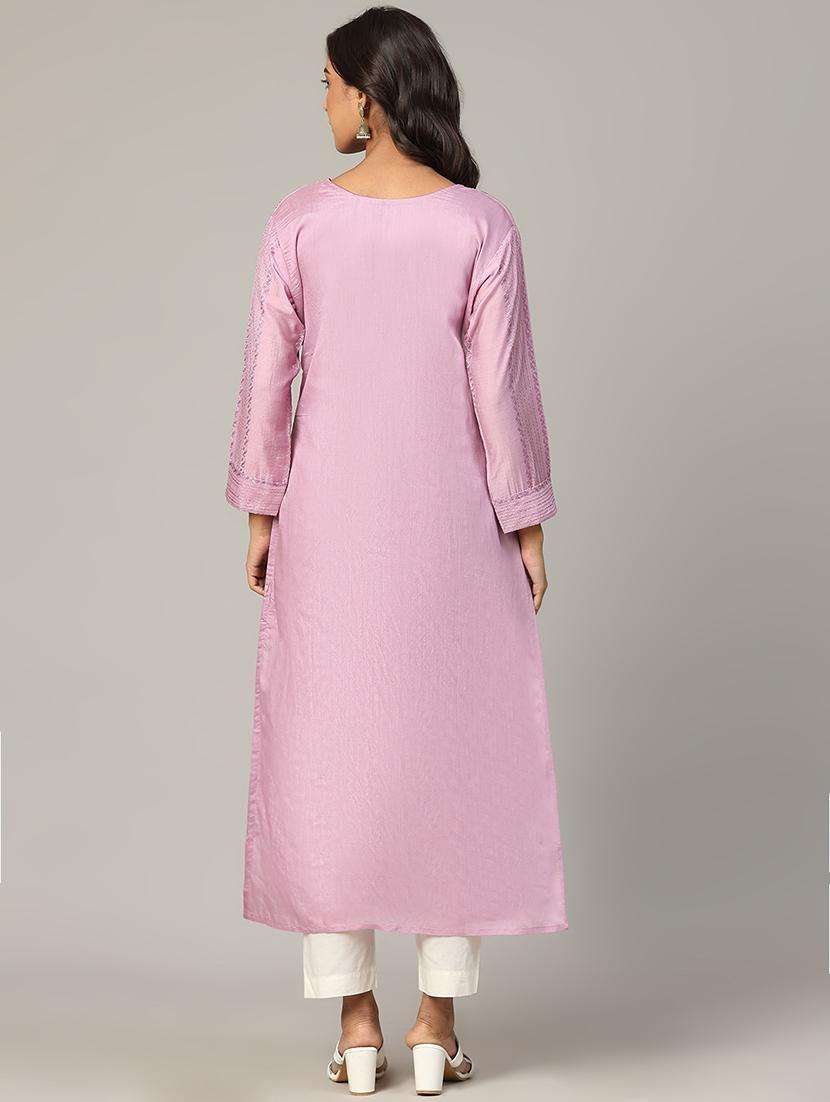 women lavender long sleeve straight kurta - 21613338 -  Standard Image - 4