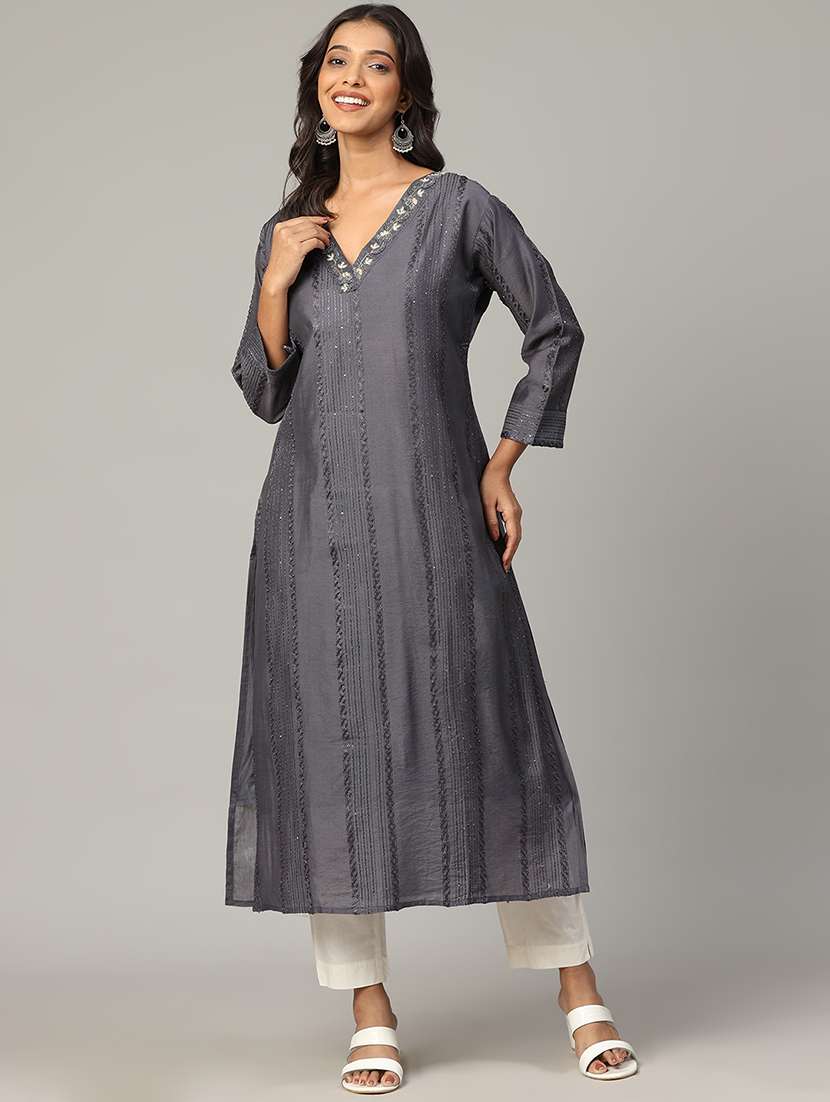 women grey long sleeve straight kurta