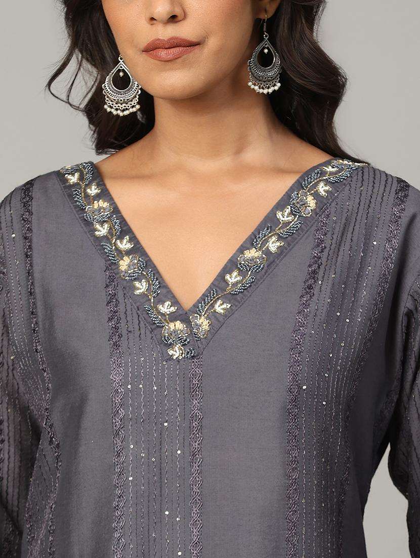 women grey long sleeve straight kurta - 21613340 -  Standard Image - 1