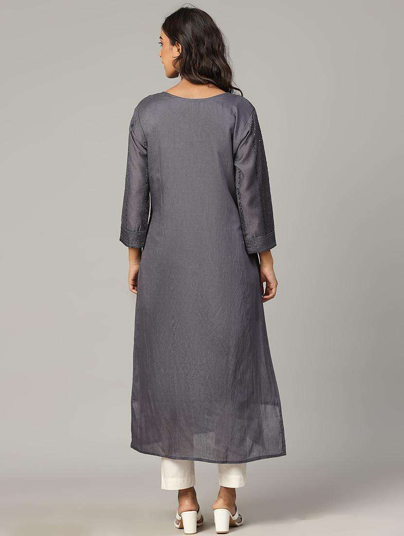 women grey long sleeve straight kurta - 21613340 -  Standard Image - 4