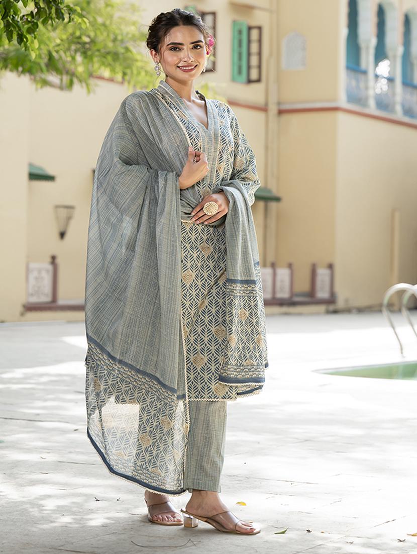 women grey long sleeve kurta pant with dupatta set - 21613427 -  Standard Image - 1