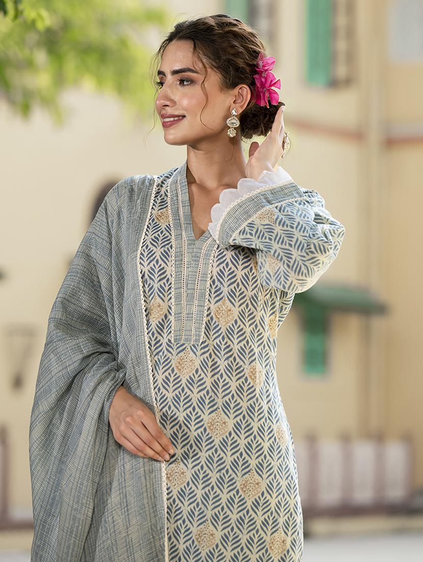 women grey long sleeve kurta pant with dupatta set - 21613427 - Standard Image - 4