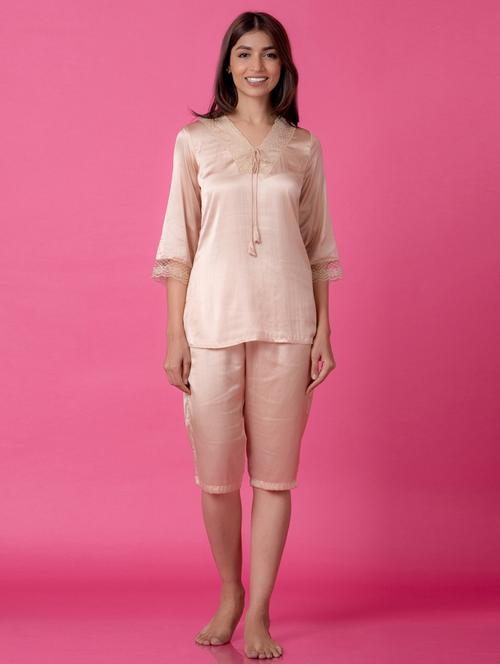 women beige solid v neck nightwear capri set - 21613501 - Standard Image - 0