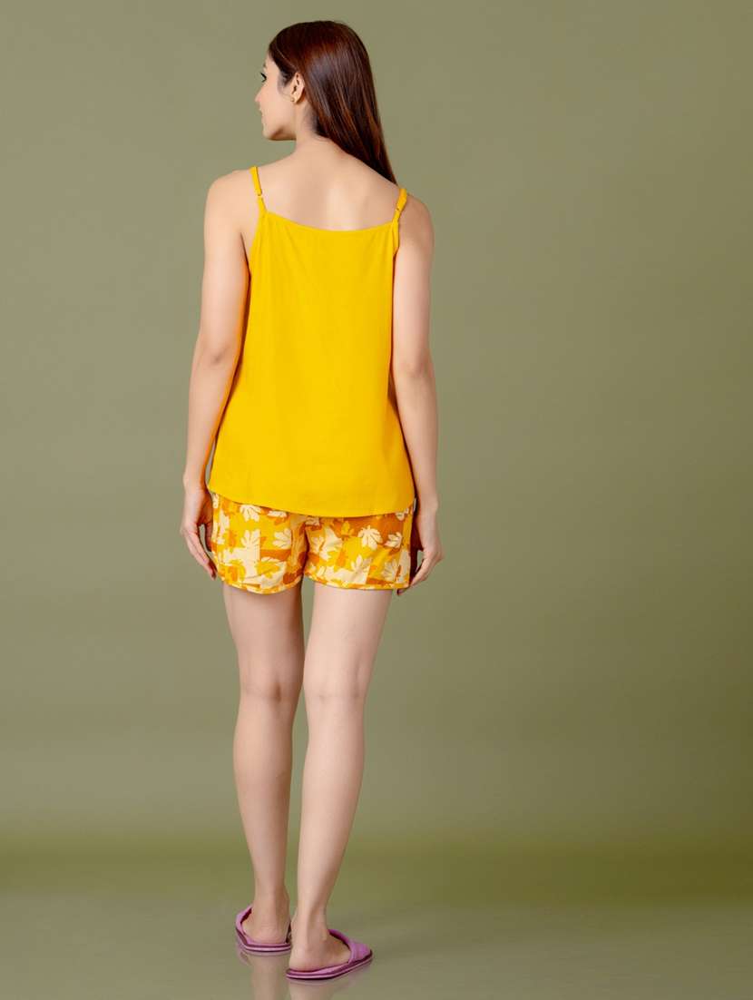women yellow solid night wear short set - 21613507 -  Standard Image - 1