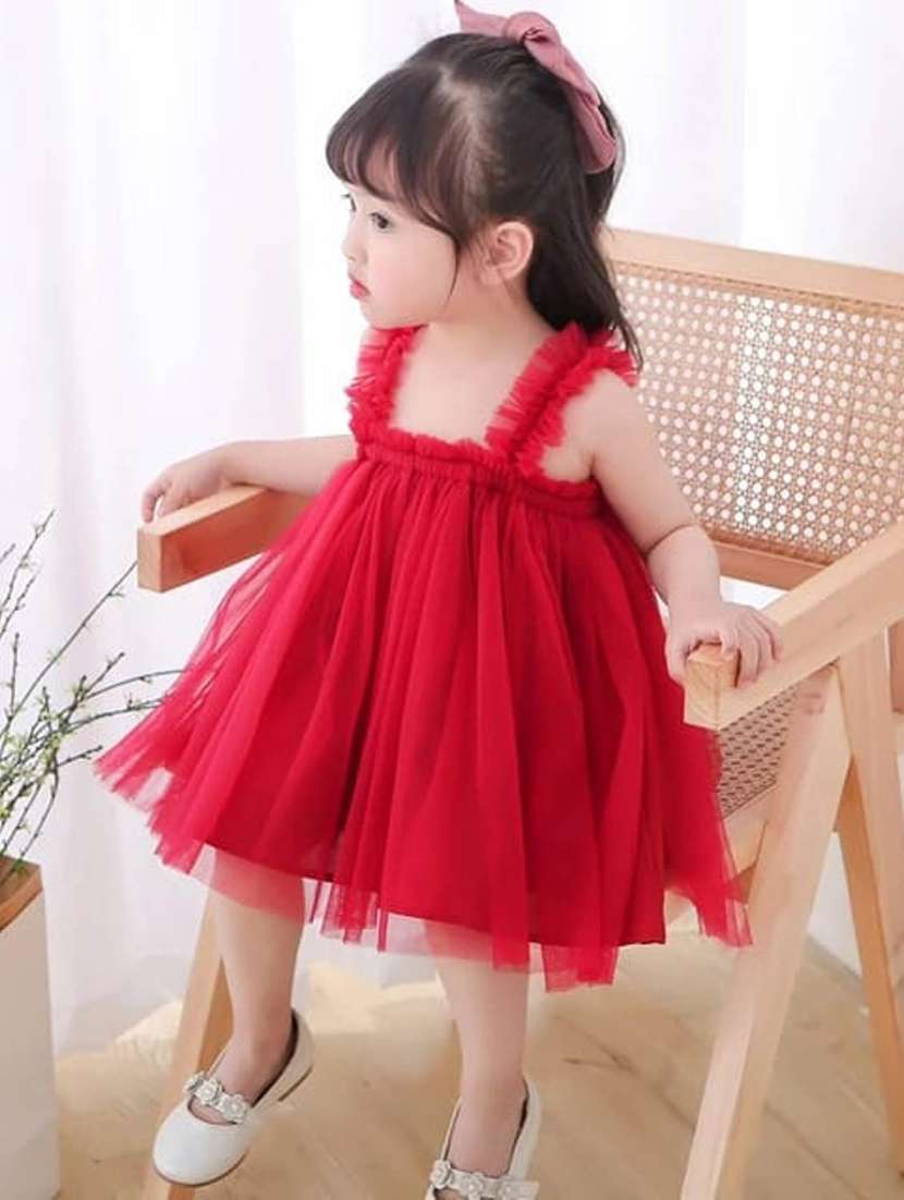 girls red solid net frock